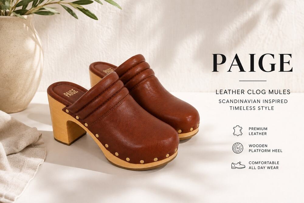 PAIGE Leather Clog Mules Women’s Brown Wooden Block Heel Slip On Shoes Size 7